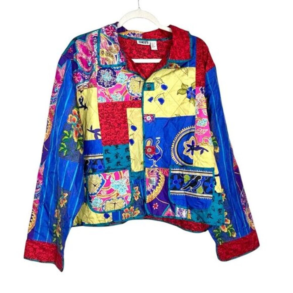 Vintage silk Patchwork Jacket Chicos Womens Pattern XL 3 Quilted Floral Colorful
